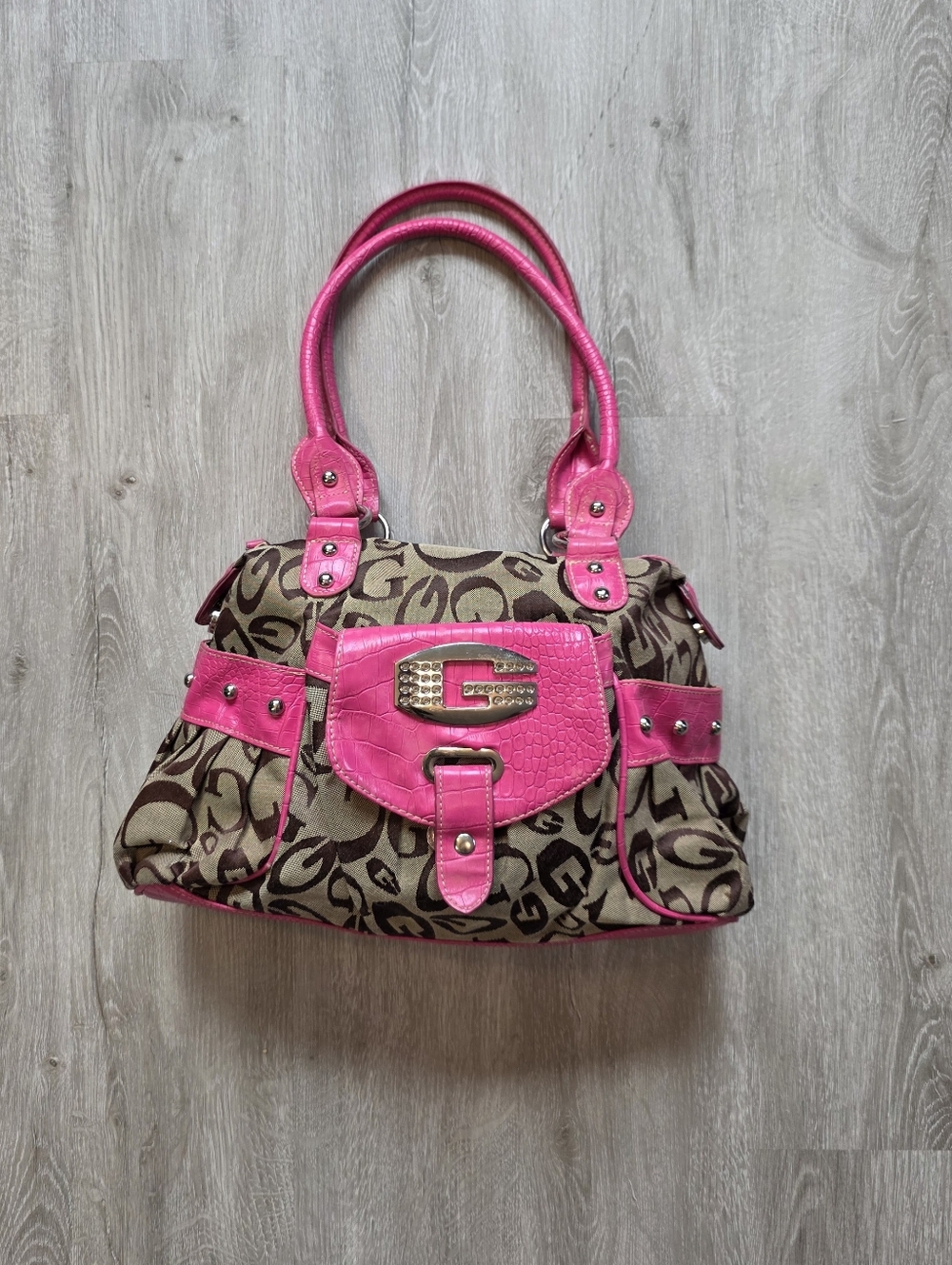Y2K Vintage "G" Brown Monogram Satchel with Hot Pink Trim Buckle Logo
